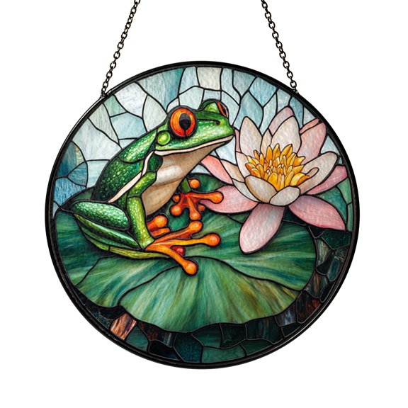 Frog Sitting on Lotus Stained Glass Suncatcher for Window, Botanical Animal Decor, Calming Gift Idea
