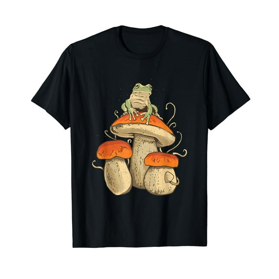 Frog Sitting on Mushroom Cute Cottagecore Nature Graphic Short Sleeve Black T-Shirt
