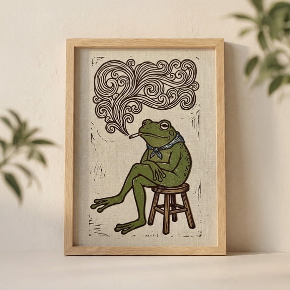 Frog Smoking Cigarette Wall Art Print Vintage Style Animal With Bandana And Swirling Smoke Home Decor Office Wall Art