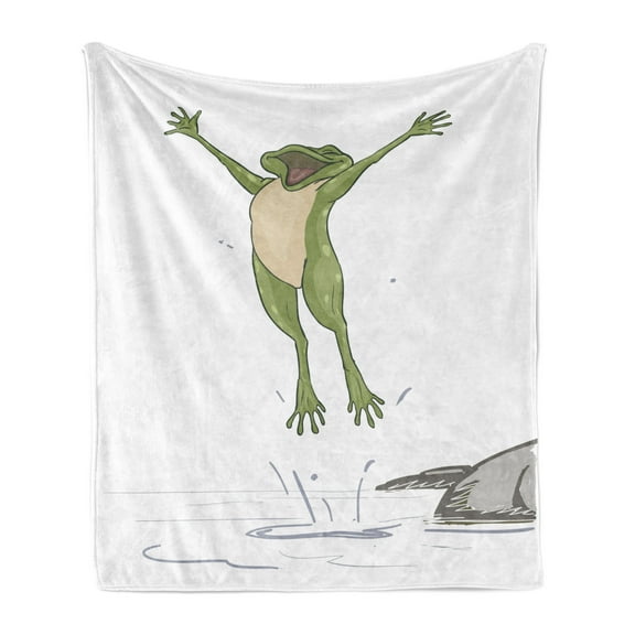 Frog Soft Flannel Fleece Blanket, Frog Jumping in Excitement in the Water Happy Toad Freedom Relax Lifestyle Humor, Cozy Plush for Indoor and Outdoor Use, 60" x 80", Olive Green Grey, by Ambesonne
