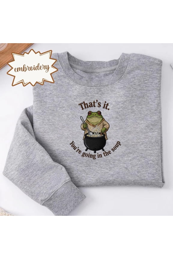 Frog Soup Embroidered Shirt, Funny Meme Embroidery Tee, Cute Animal Embroidered Gift, Spooky Halloween Embroidery Top