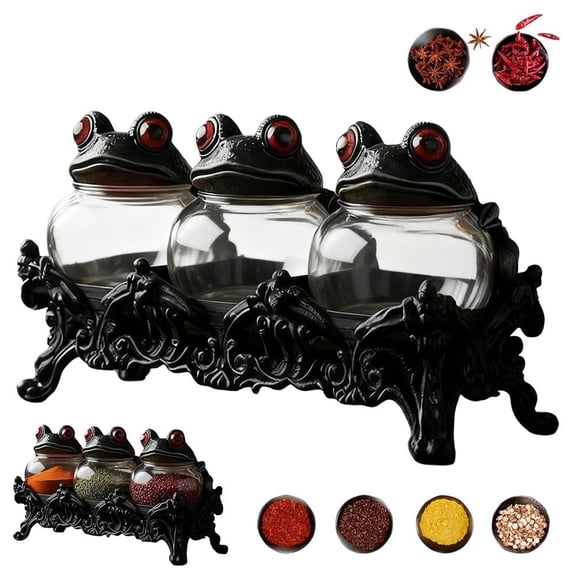 Frog Spice Jar Set - Whimsical 3 Glass Jars with Resin Frog Lids & Black Stand for Kitchen Decor