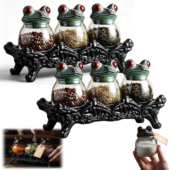 Frog Spice Jars, Handcrafted Gothic Food Storage Containers, Vintage Witchy with Carved Base Decor, Halloween Hand-Painted Jars,2pcs