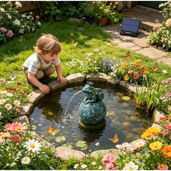 Frog Spitter Pond Fountain Statue Solar Powered Weatherproof Resin Crown Frog Water Spouting Ornament for Outdoor Garden Patio Small Pond Water Decor