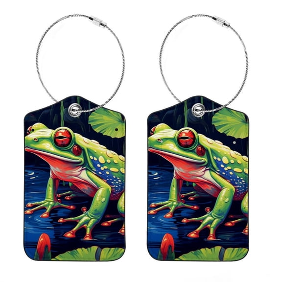 Frog Square PU Leather 2 Pack Travel Tag - Bag Tag - Suitcase Tag with Privacy Cover and Stainless Steel Ring - Suitable for Travel, Backpack, and Handbag