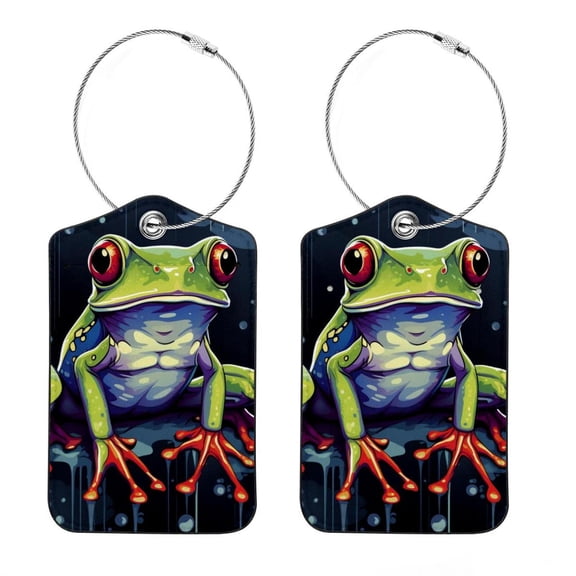 Frog Square PU Leather 2 Pack Travel Tag - Bag Tag - Suitcase Tag with Privacy Cover and Stainless Steel Ring - Suitable for Travel, Backpack, and Handbag
