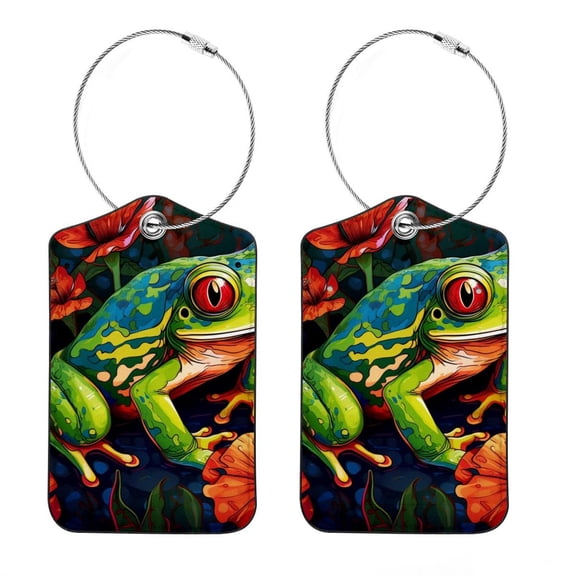 Frog Square PU Leather 2 Pack Travel Tag - Bag Tag - Suitcase Tag with Privacy Cover and Stainless Steel Ring - Suitable for Travel, Backpack, and Handbag