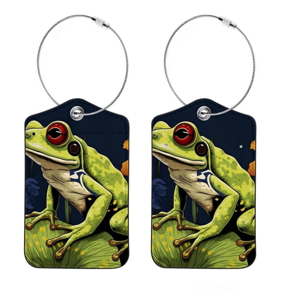 Frog Square PU Leather 2 Pack Travel Tag - Bag Tag - Suitcase Tag with Privacy Cover and Stainless Steel Ring - Suitable for Travel, Backpack, and Handbag
