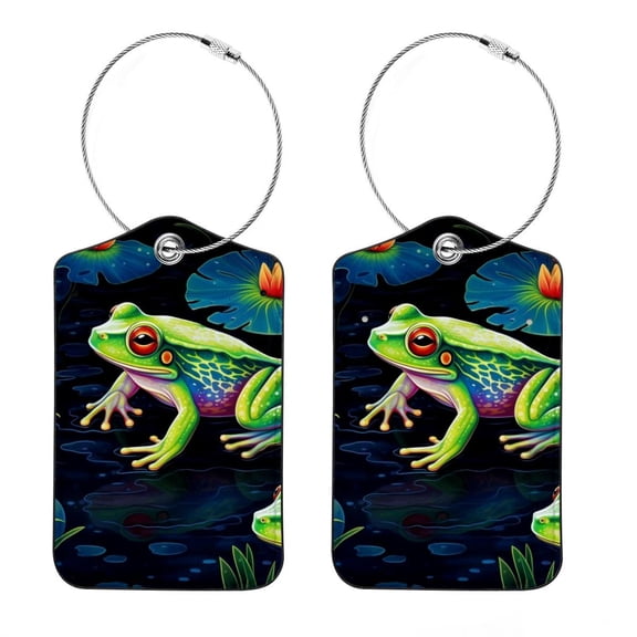 Frog Square PU Leather 2 Pack Travel Tag - Bag Tag - Suitcase Tag with Privacy Cover and Stainless Steel Ring - Suitable for Travel, Backpack, and Handbag