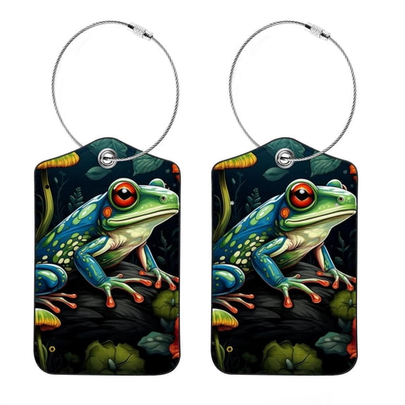 Frog Square PU Leather Luggage Tags, 2 Pack, with Privacy Cover and Stainless Steel Ring - Suitable for Travel, Backpack, Handbag - Bag Tags, Handbag Tags