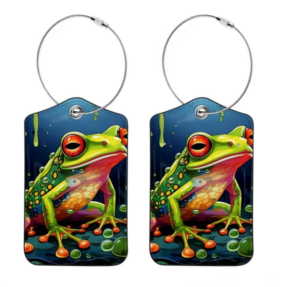 Frog Square PU Leather Luggage Tags - 2 Pack with Privacy Cover and Stainless Steel Ring - Suitable for Travel, Backpack, Handbag - Suitcase Tags, Travel Tag