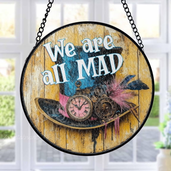 Mad Hatter Stained Glass Suncatcher Metal Outdoor Decor Steampunk Multicolor Distressed