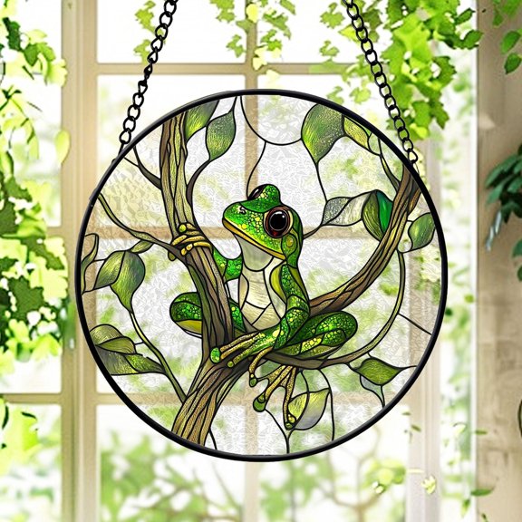 Frog Stained Glass Suncatcher - Green Tree Frog on Branch, Nature Window Hanging, Tropical Garden Decor
