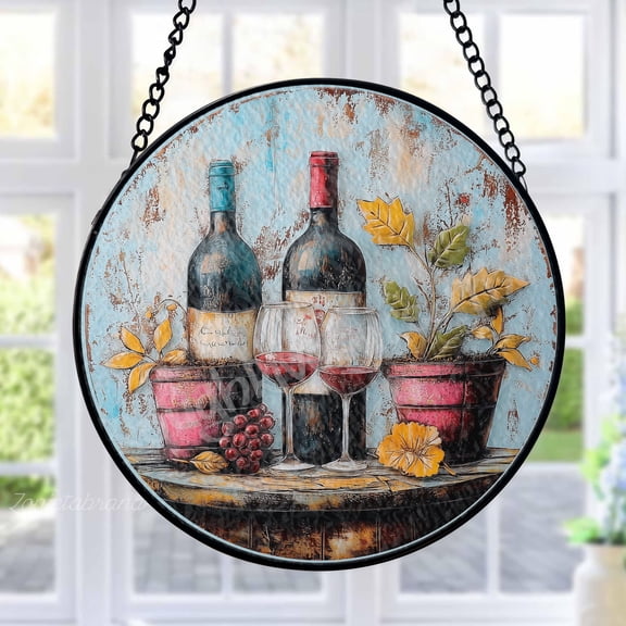 Wine Bottle Grape Stained Glass Suncatcher Metal Outdoor Decor Rustic Vintage Multicolor Distressed Finish