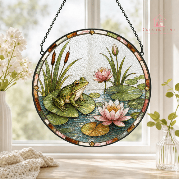 Frog Stained Glass Suncatcher Round Lily Pad Window Hanging Gift