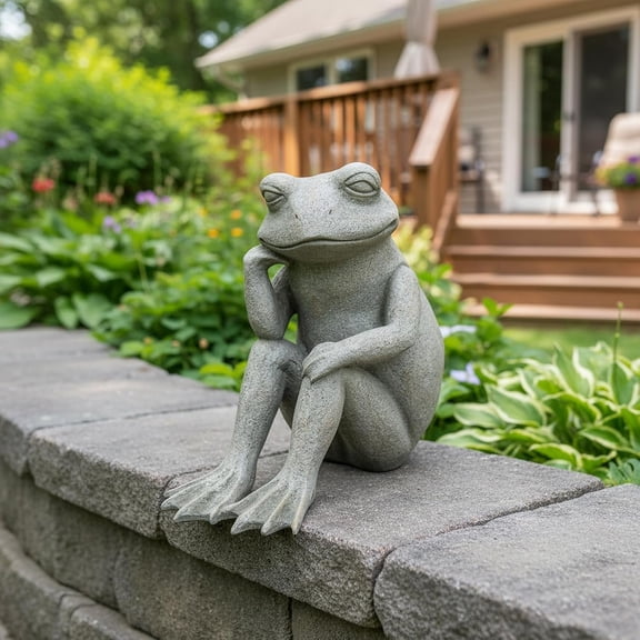 Frog Statue Outdoor Garden Decor - Large Sitting Thinking Frog Sculptures for Patio, Yard, Pond, Lawn, Porch & Garden Idea 13 x 6.7 x 12.3 Inches