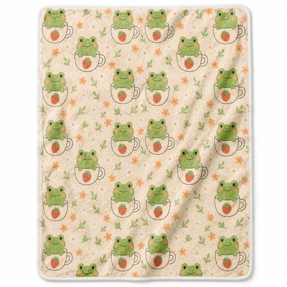 Frog Strawberry Sherpa Throw Blanket, Soft Polyester Fleece, Plush All-Season Blanket