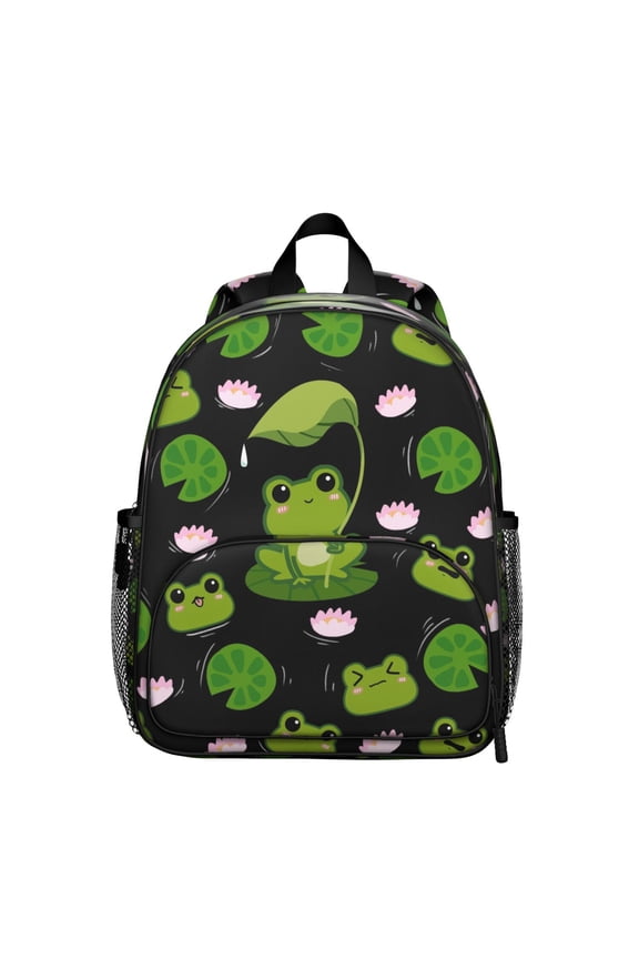 Frog Student Backpack – Cute Green Frog Cartoon Print With Mushroom Flower Plant Nature Pattern