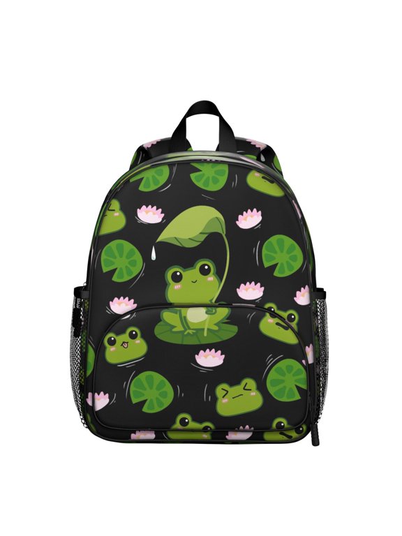 Student Backpack – Cute Green Frog Cartoon Print With Mushroom Flower Plant Nature Pattern