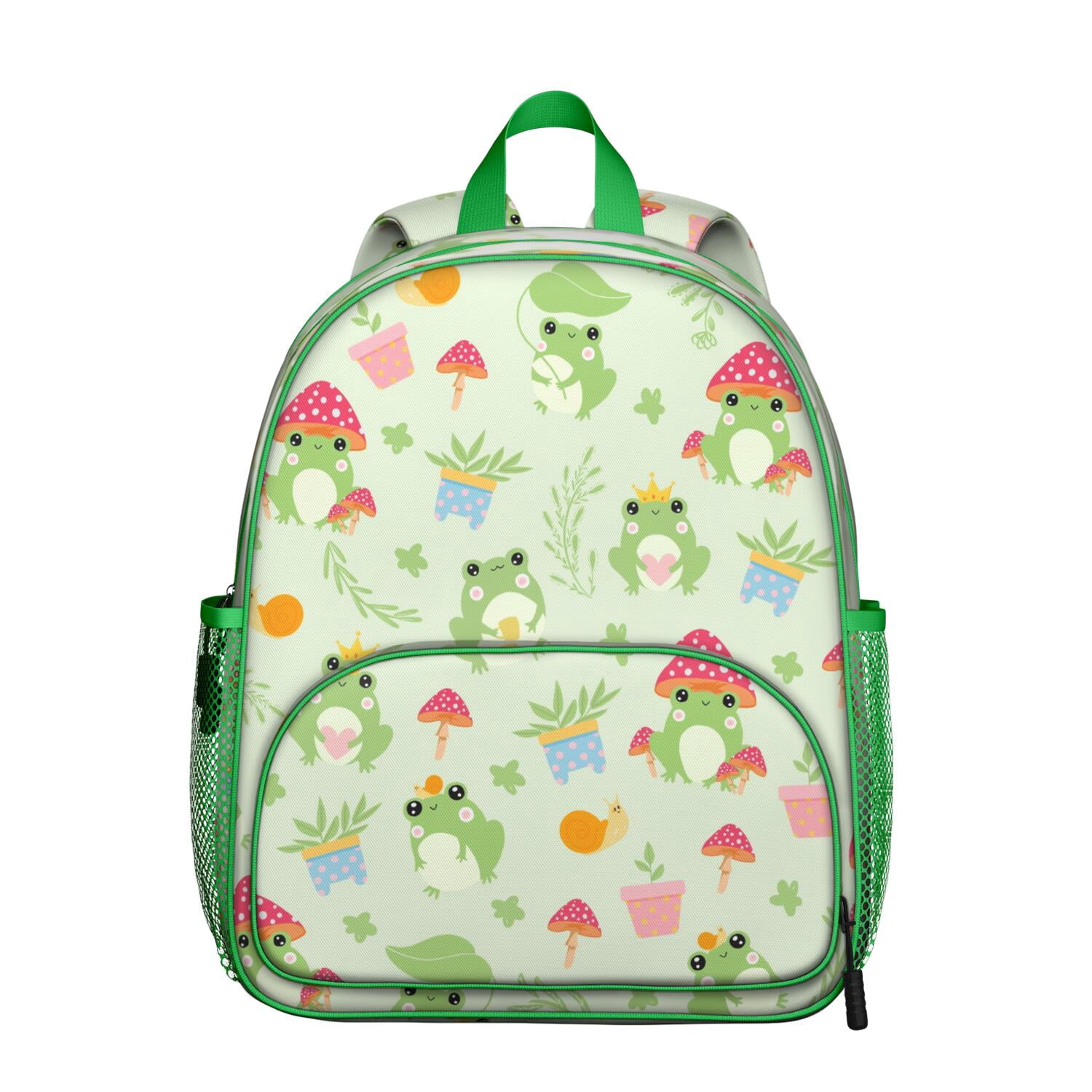 Frog Student Backpack – Cute Green Frog Cartoon Print With Mushroom ...