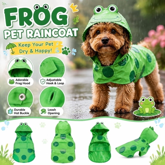 Frog Style Dog Raincoat with Hood and Leash Opening,Waterproof Reflective Pet Rain Jacket,Adjustable Lightweight Puppy Rain Gear,Green