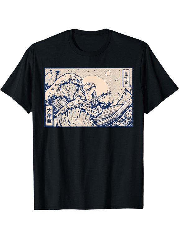 Frog Surfer Great Wave Japanese Cottagecore T Shirt Size S-5XL