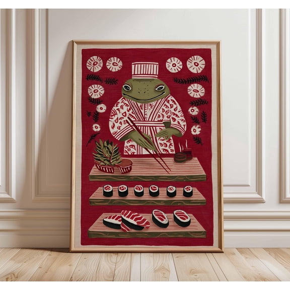 Frog Sushi Chef Art Print Whimsical Japanese Kitchen Decor