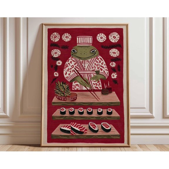 Frog Sushi Chef Japanese Whimsical Animal Wall Art Print, Unframed Paper Poster 8x10in