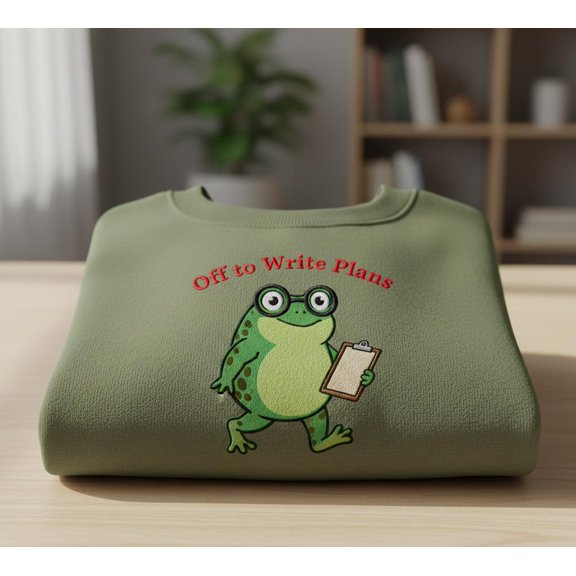 Frog Sweatshirt Off to Write Plans, Cute Teacher Crewneck, Funny Academic Gift, Cozy Study Planner Embroidery Top