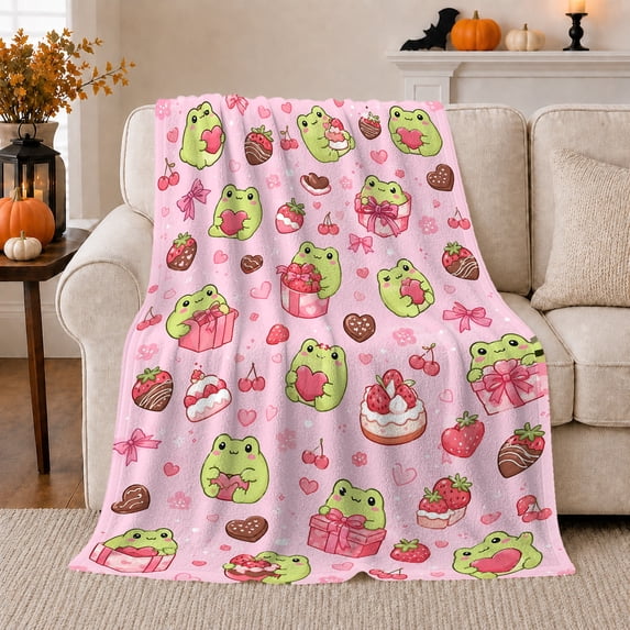 Frog Sweet Treats Pink Playful Pattern, Cozy Friendship Quote Scene, Warm Flannel Blanket for Living Room and Reading Nook, Art Lovers Friendship Gift, Playful Home Decor