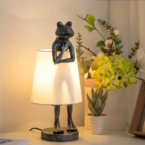 Frog Table Lamp, 12W E12 Base Candelabra Light Bulb, 3-Way Color Changing Warm, Cool, Daylight, Resin & Metal & PVC Material, Black Desk Lamp for Bedroom, Room Decor