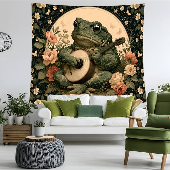 Frog Tapestry Wall Hanging, Vintage Floral Frog Playing Banjo Cottagecore Tapestry, Goblincore Botanical Wall Decor for Bedroom Living Room Dorm