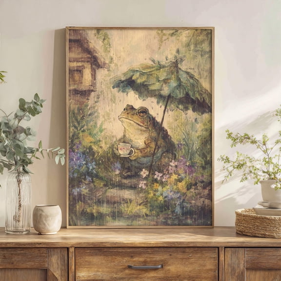 Frog Tea Party Art Print | Cottagecore Toad, Whimsical Decor 8x12 UNFRAMED