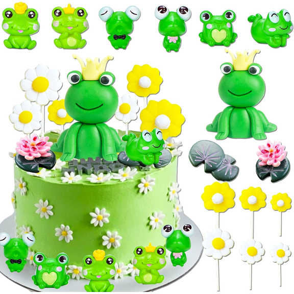 Frog Theme Cake Decorations - Forest Pond Scene with Crown & Floral Accents | Party Decor Set