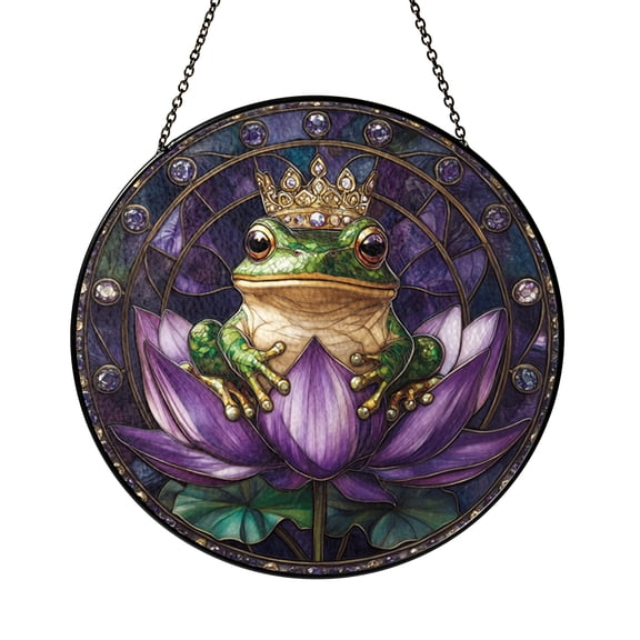 Frog Theme Fantasy Stained Glass Window Hanging, Decorative Whimsical Glass Suncatcher Art for Bright Home Window Decor