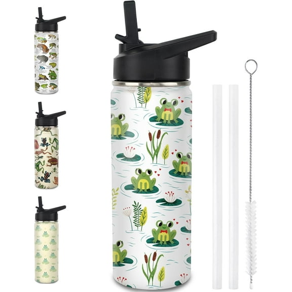 Frog Themed Water Bottle with Straw, 18oz Insulated Stainless Steel Tumbler | Cute Frog Gift for Women, Girls & Frog Lovers