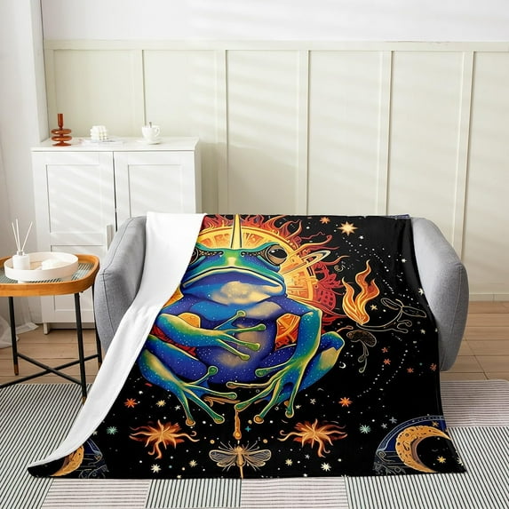 Frog Throw Blanket Indian Exotic Sun Moon Fleece Blanket for Kids Teens Adults Outerspace Galaxy Wild Animal Flannel Blanket for Housewarming Couch 40x50