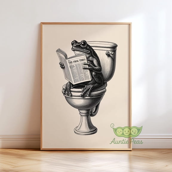 Frog Times Bathroom Whimsical Vintage Newspaper Animal Toilet Decor Quirky Cottagecore Artwork, Unframed Poster