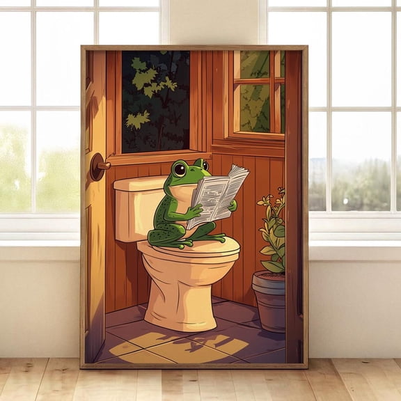 Frog Toilet Reading Newspaper Art Whimsical Bathroom Decor Quirky Animal Wall Art, Unframed Poster