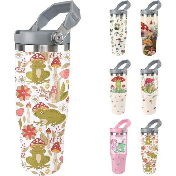 Frog Tumbler 30oz Thermal Insulated Mushroom Water Bottle with Lid and Straw Cute Frog Coffee Mug with Handle