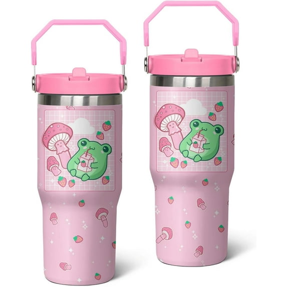 Frog Tumbler with Lid and Straw 30oz Flip Straw Mushroom Tumbler Glass Insulated Cute Frog Travel Mug with Handle Frog Gifts for Women