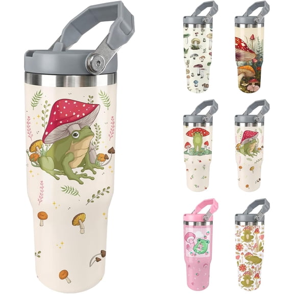 Frog Tumbler with Straw 30oz Insulated Mushroom Tumbler with Lid Cute Frog Mugs Cup with Handle Frog Gifts for Women