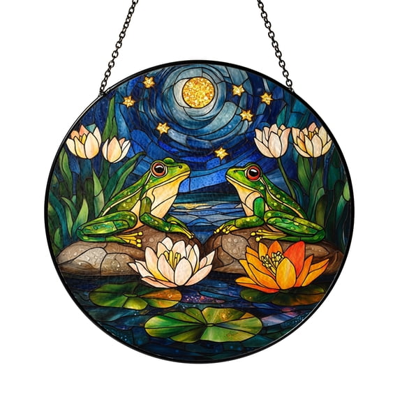 Frog Under Starry Sky Stained Glass Window Decor, Night Nature Scene Hanging Art Panel, Unique Wildlife Gift Idea
