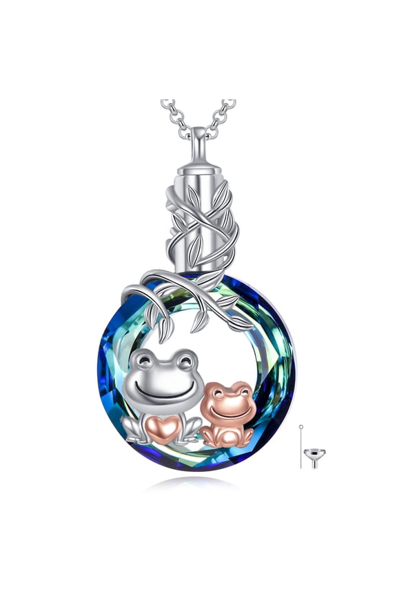 Frog Urn Necklace for Ashes for Women Sterling Silver Two Frogs Cremation Necklace with Blue Circle Crystal Jewelry for Mom