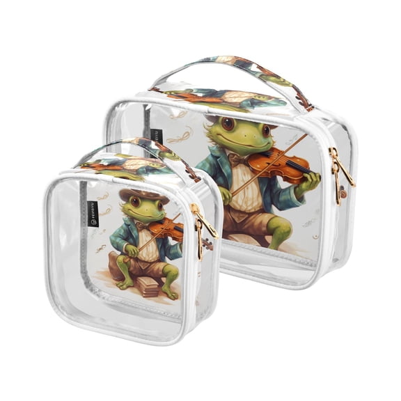 Frog Violin Hat Clear Cosmetic Bags with Handles PVC Toiletry Bags Zipper Waterproof Portable for Traveling 2 Pcs