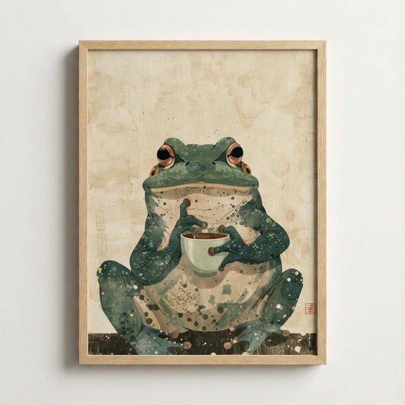 Frog Wall Art, Cozy Frog Tea Print, Unframed Paper Poster 16x20in