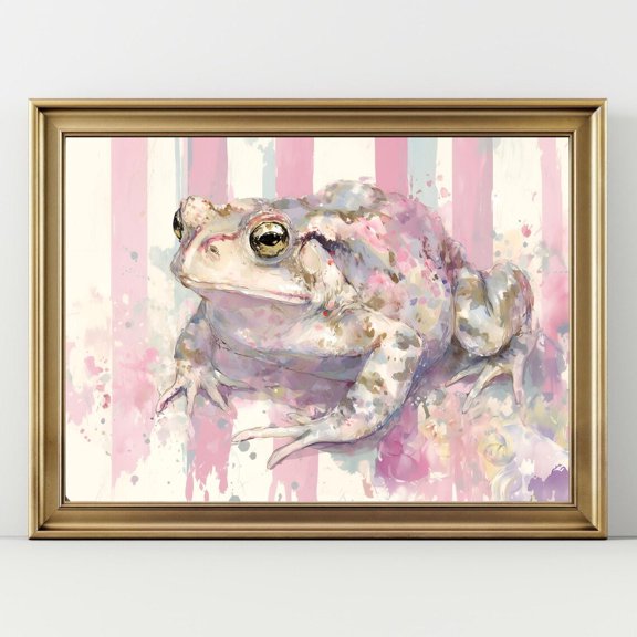 Frog Wall Art Whimsical Amphibian Poster Pink Striped Background Decor Cute Frog Illustration, UNFRAMED Size 16x16