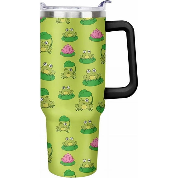 Frog Water Bottle Spill Proof Tumbler with Handle and Straw Lid Double Wall Insulated Stainless Steel Tumbler Coffee Mug Gift for Men Women Travel Cup for Car (Lotus, 40OZ)