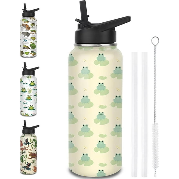 Frog Themed Insulated Water Bottle with Straw, 32 Oz Stainless Steel Tumbler Cup - Cute Frog Gift for Women, Girls & Frog Lovers