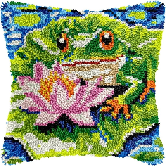 Frog & Waterlilies Latch Hook Kits Pillow DIY Rug Crochet Hook Cushion Making Kits with Preprinted Pattern Canvas Instruction Yarns Pillow Cover Easy Starter DIY Crochet Kits 43x43cm de96)